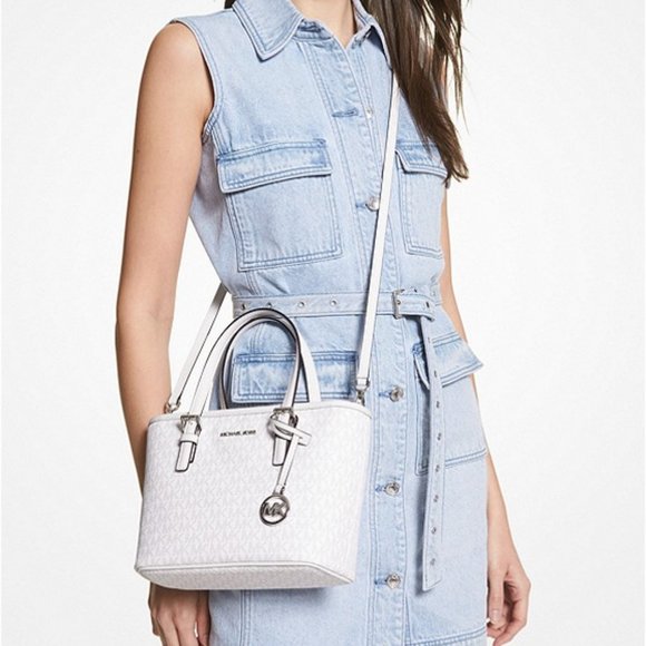 Michael Kors Jet Set Travel Extra-Small Logo Top-Zip Tote Bag Optic White Multi - Picture 4 of 16